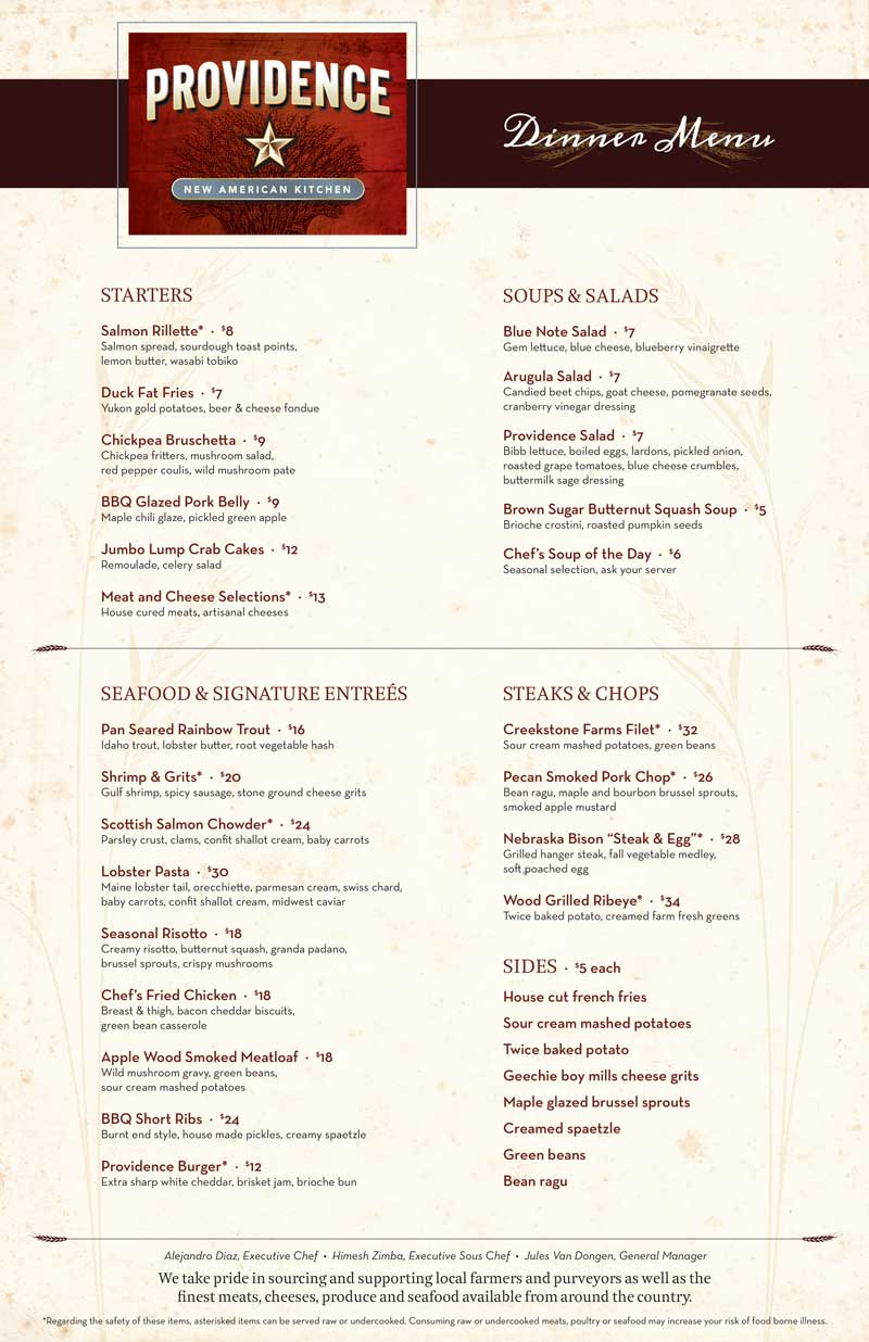 Providence New American Kitchen Menus